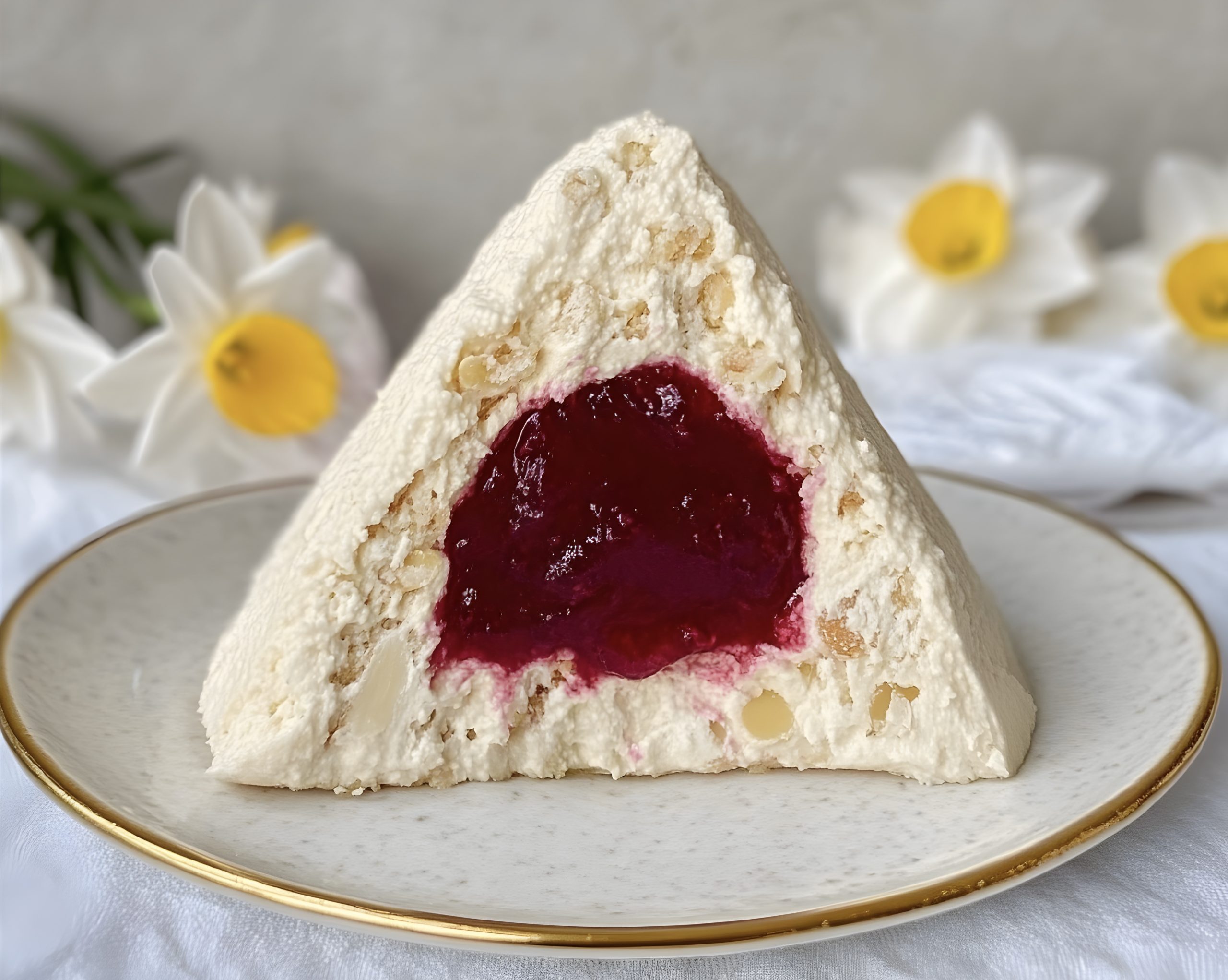 Творожная Пасха с клубничной начинкой и миндальными лепестками — изображение 3